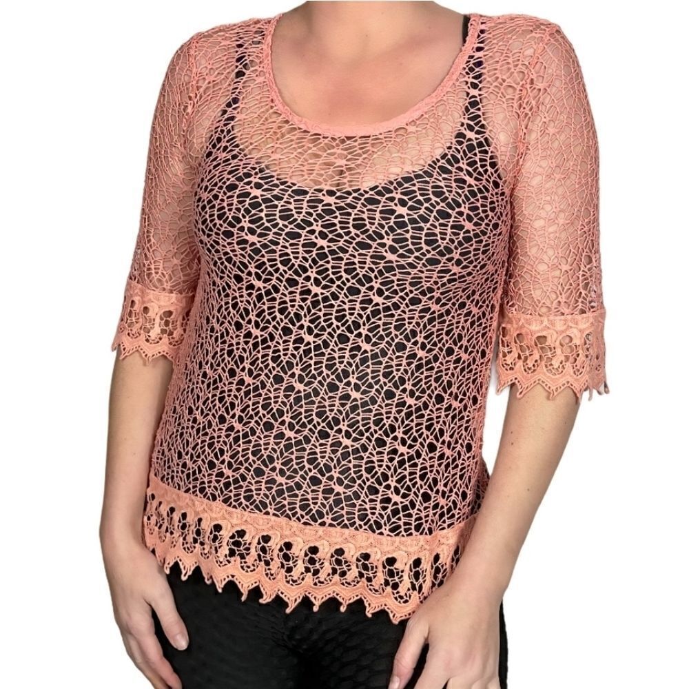BKE Pink Crochet Lace See Through Top